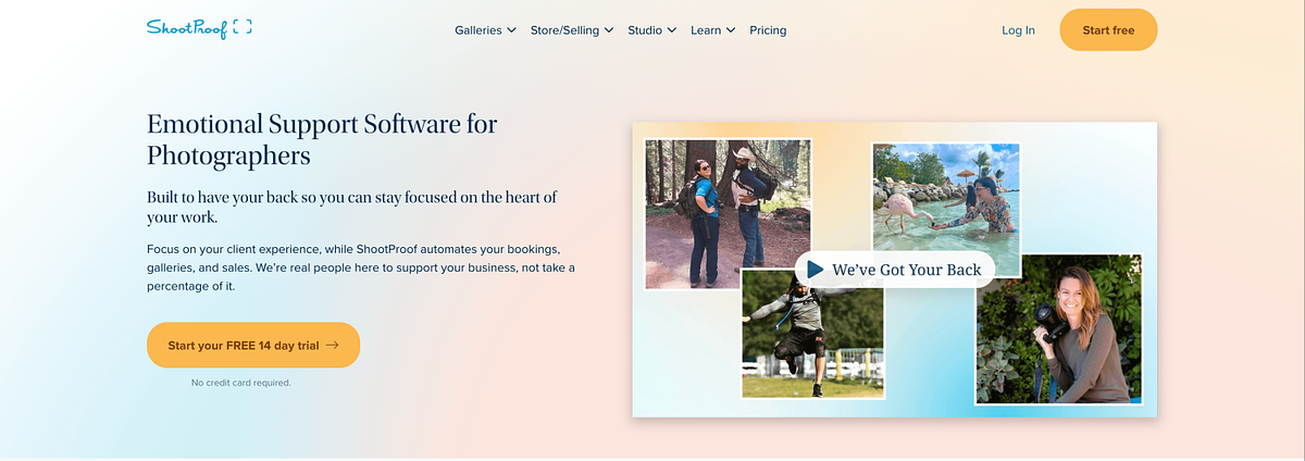 ShootProof homepage showing client gallery delivery with built-in invoicing, contracts, and 50+ print lab partnerships